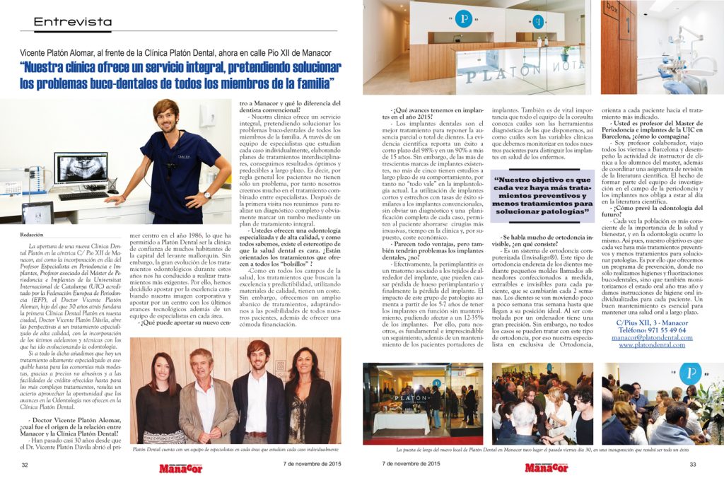 entrevista platon rectificada - La revista Manacor se hace eco de la inauguración de nuestra nueva clínica dental