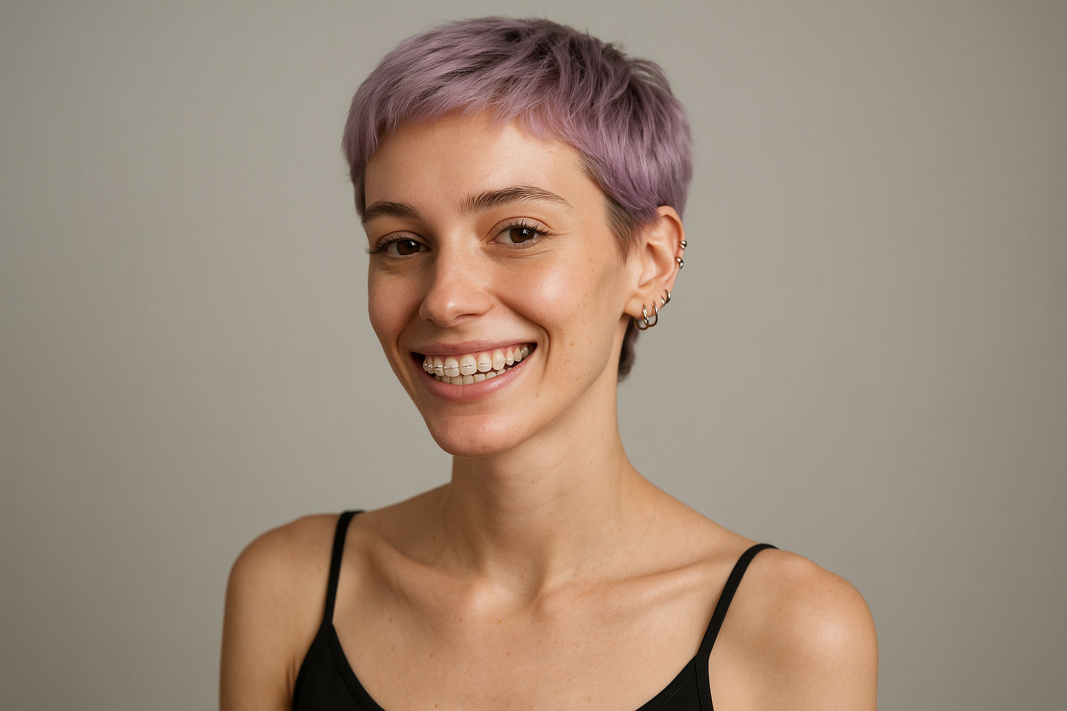 Mujer con brackets cerámicos (cerámica composite)