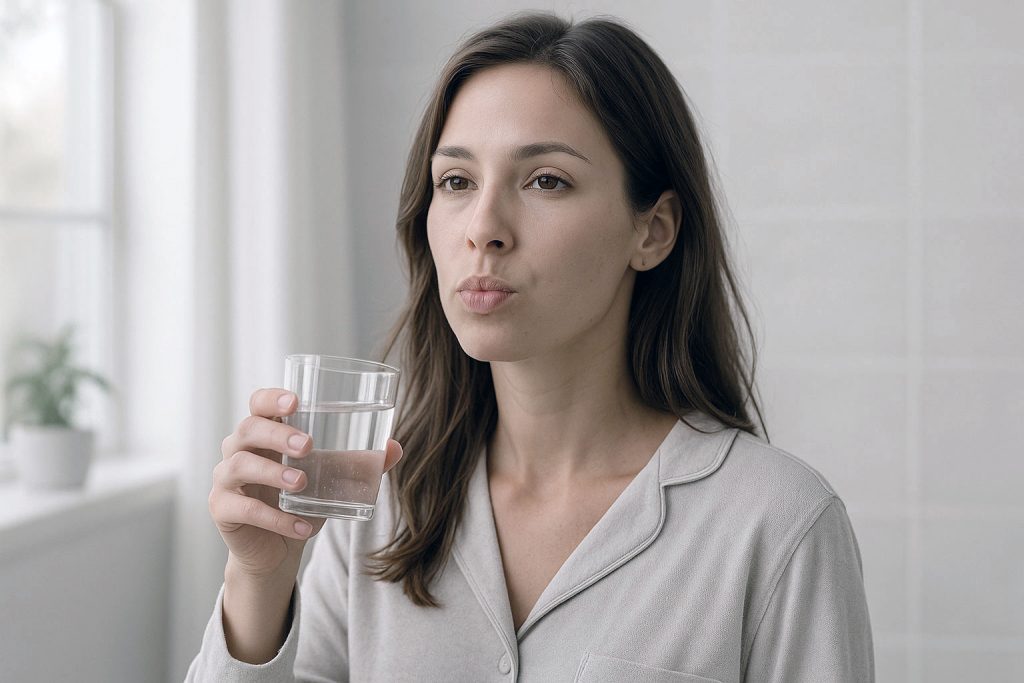 Mujer joven realizando un Enjuague bucal