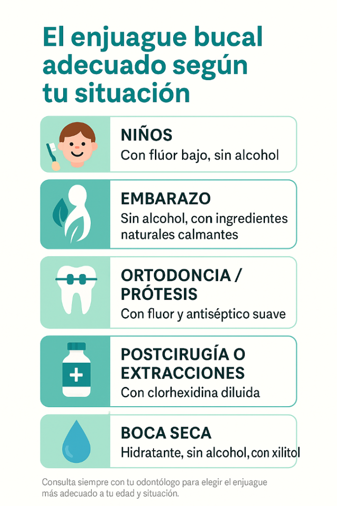 Enjuague bucal en niños, embarazadas, boca seca y otro
