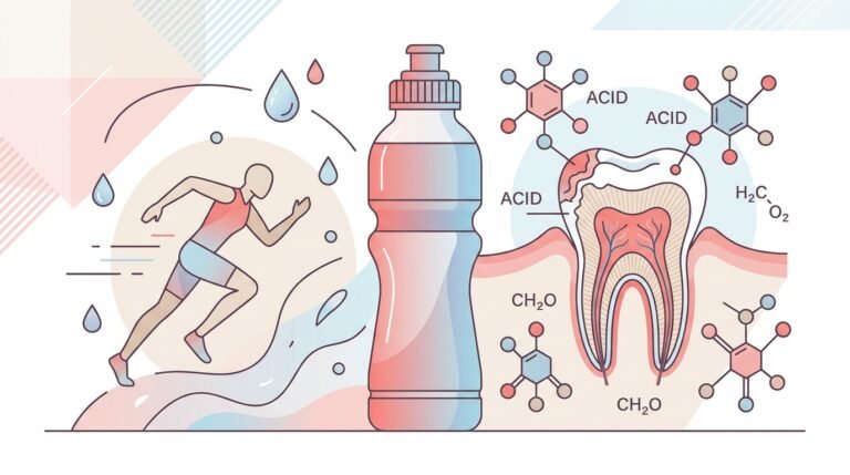 Ilustración moderna de una botella de bebida isotónica rodeada de elementos dentales que muestran erosión del esmalte dental