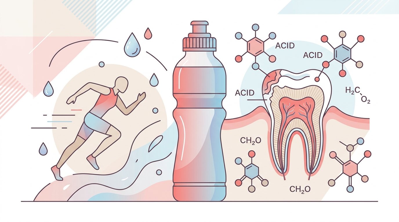 Ilustración moderna de una botella de bebida isotónica rodeada de elementos dentales que muestran erosión del esmalte dental