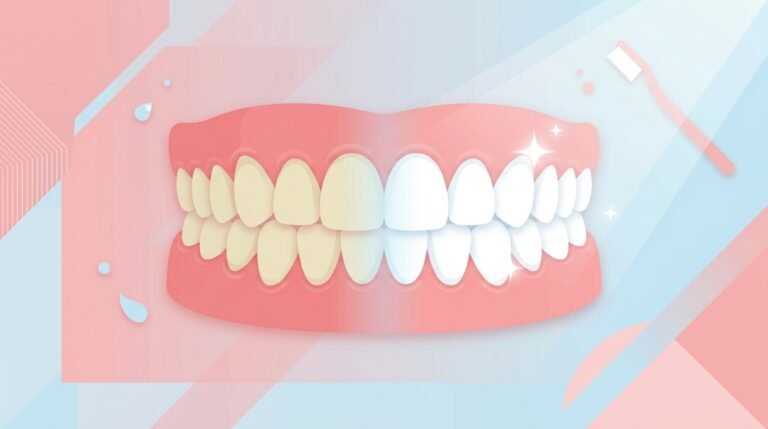 Dientes que cambian de amarillo a blanco mediante blanqueamiento dental, con elementos de consultorio moderno en tonos