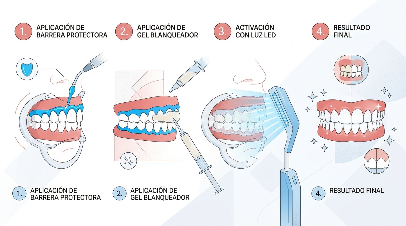 Blanqueamiento dental: guía completa para una sonrisa más blanca Proceso clínico del blanqueamiento dental con gel blanqueador y luz activadora en consultorio profesional.