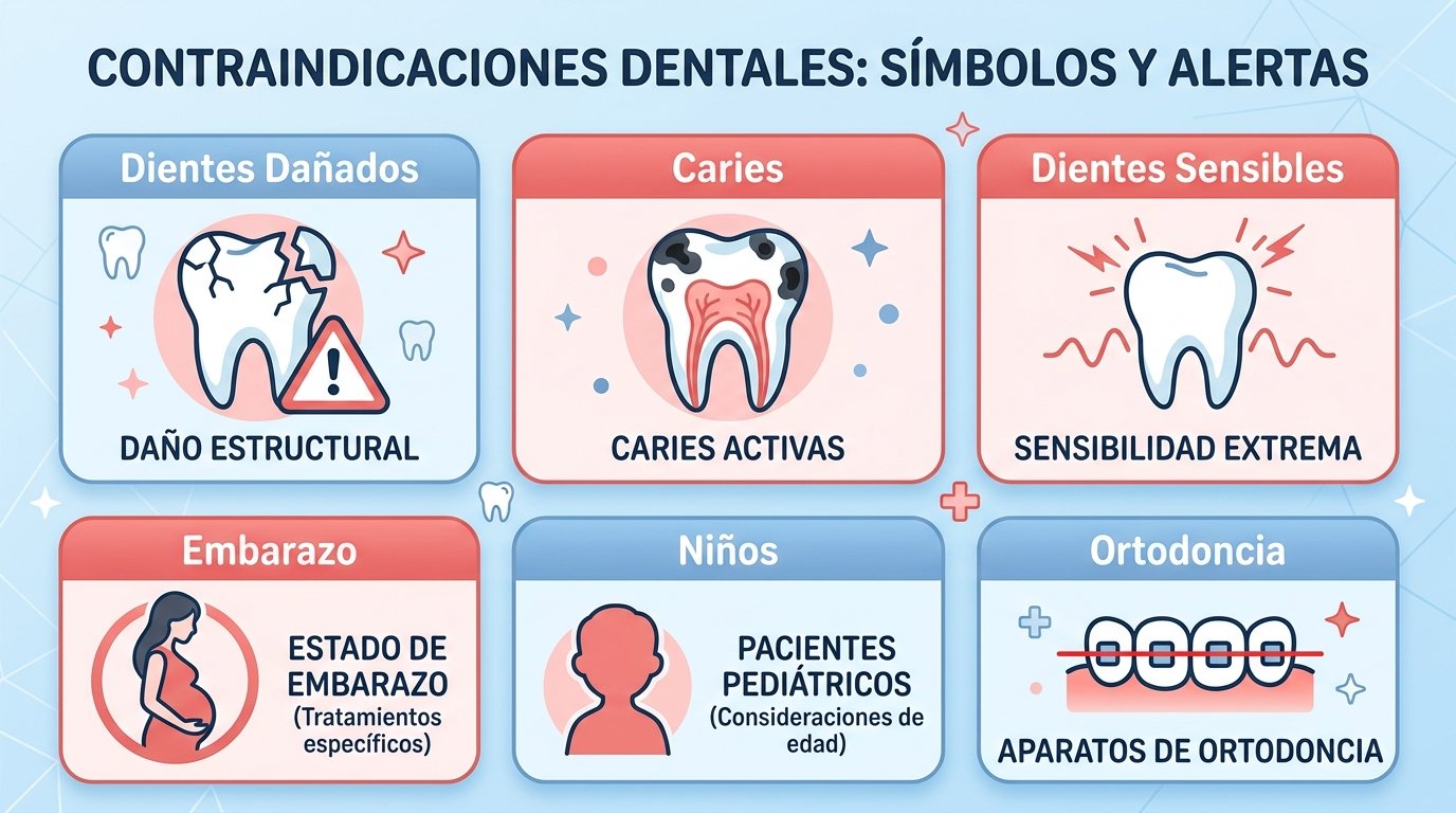Blanqueamiento dental: guía completa para una sonrisa más blanca Contraindicaciones del blanqueamiento dental: caries, sensibilidad, embarazo y aparatos de ortodoncia en ilustración