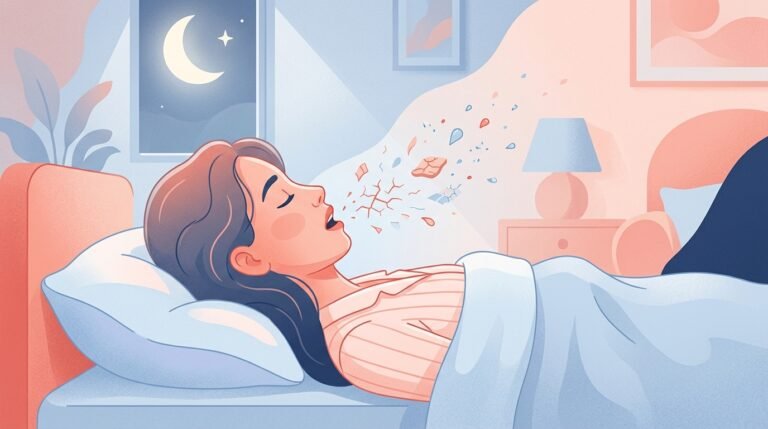 Boca abierta y sequedad nocturna Perfil de persona durmiendo con la boca abierta durante la noche, rodeada de tonos pastel rojo y azul que representan la