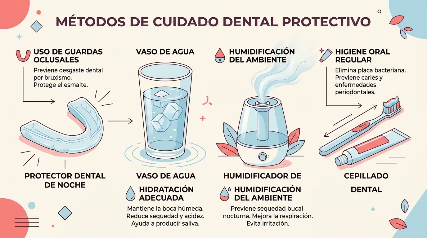 Boca seca nocturna: causas, daño al esmalte y cómo proteger tus dientes Métodos de protección dental nocturna: protector bucal, humidificador, vaso de agua y cepillo, en tonos pastel rojo y azul.