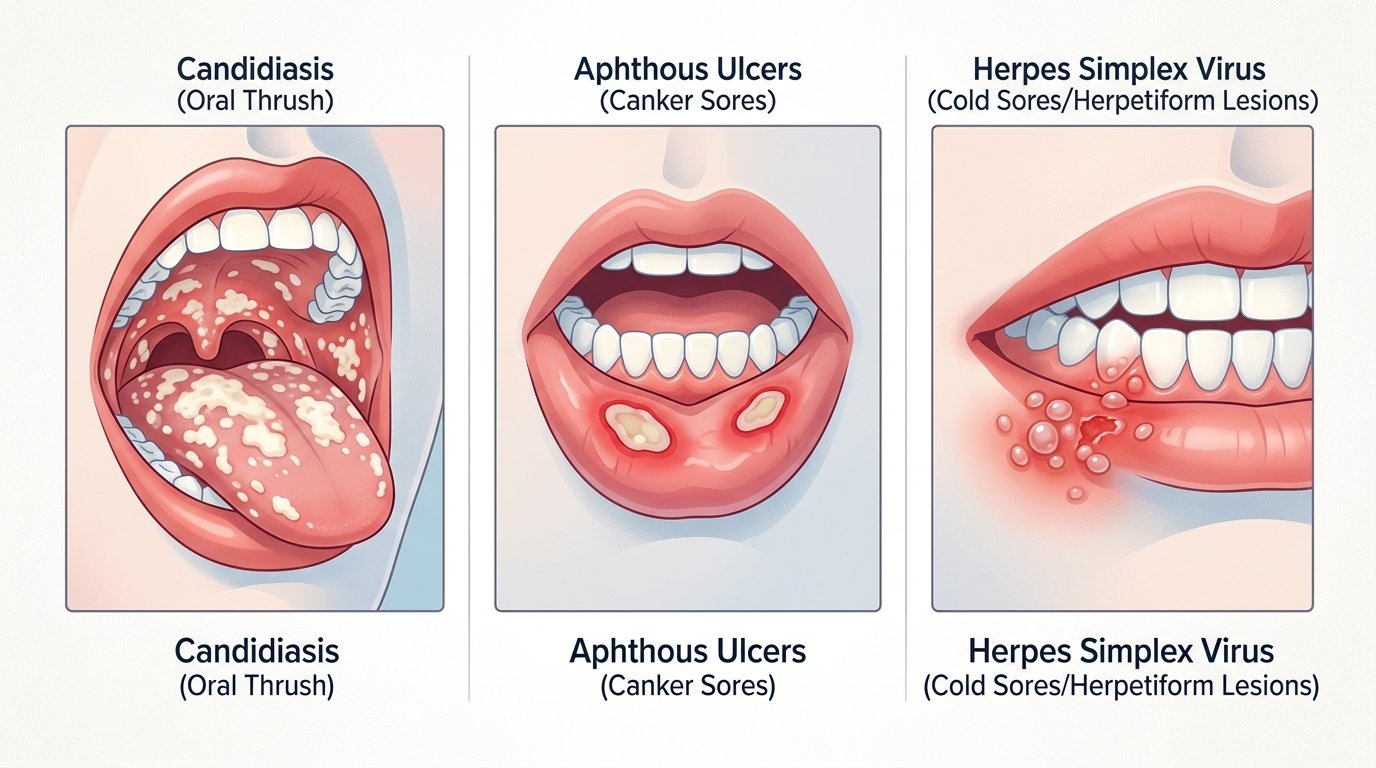 Comparación visual de candidiasis con placas blancas, aftas con borde rojo y herpes labial, para diagnóstico diferencial de
