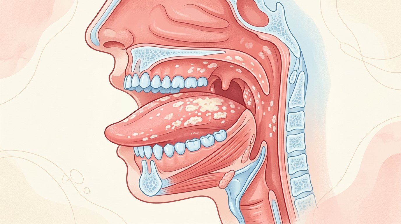 Cavidad oral con placas blancas características de candidiasis en lengua y mucosa, ilustración educativa en tonos rojo y