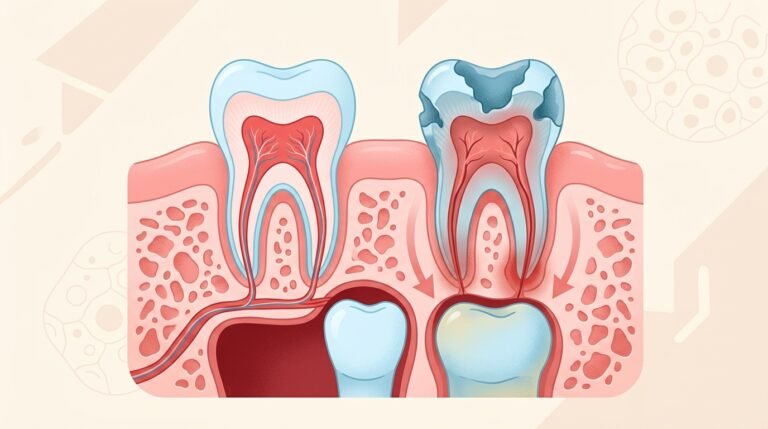 Impacto de caries en dentición temporal Comparación de diente de leche sano y cariado con su impacto en la dentición definitiva subyacente.