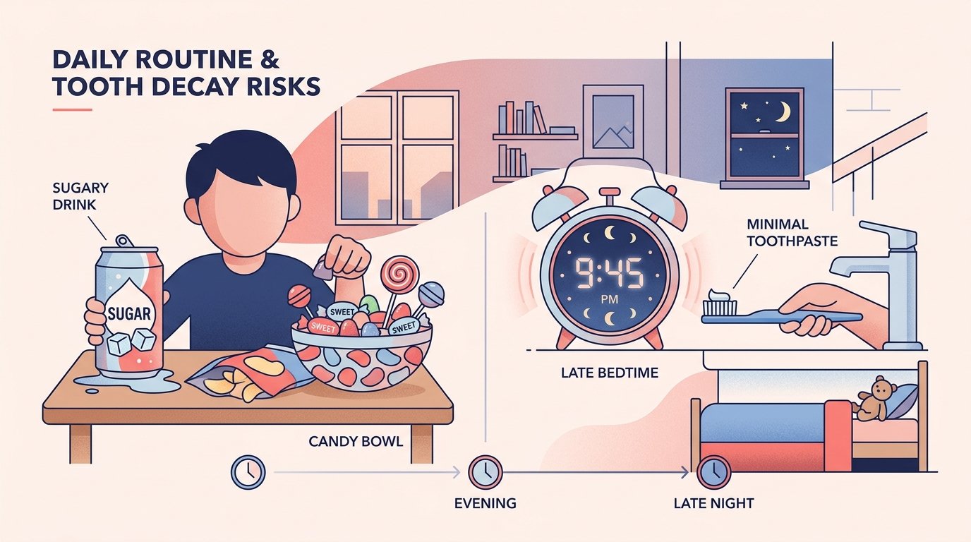 Hábitos cotidianos que aumentan riesgo de caries infantil: consumo de azúcares, higiene deficiente y falta de fluoración.