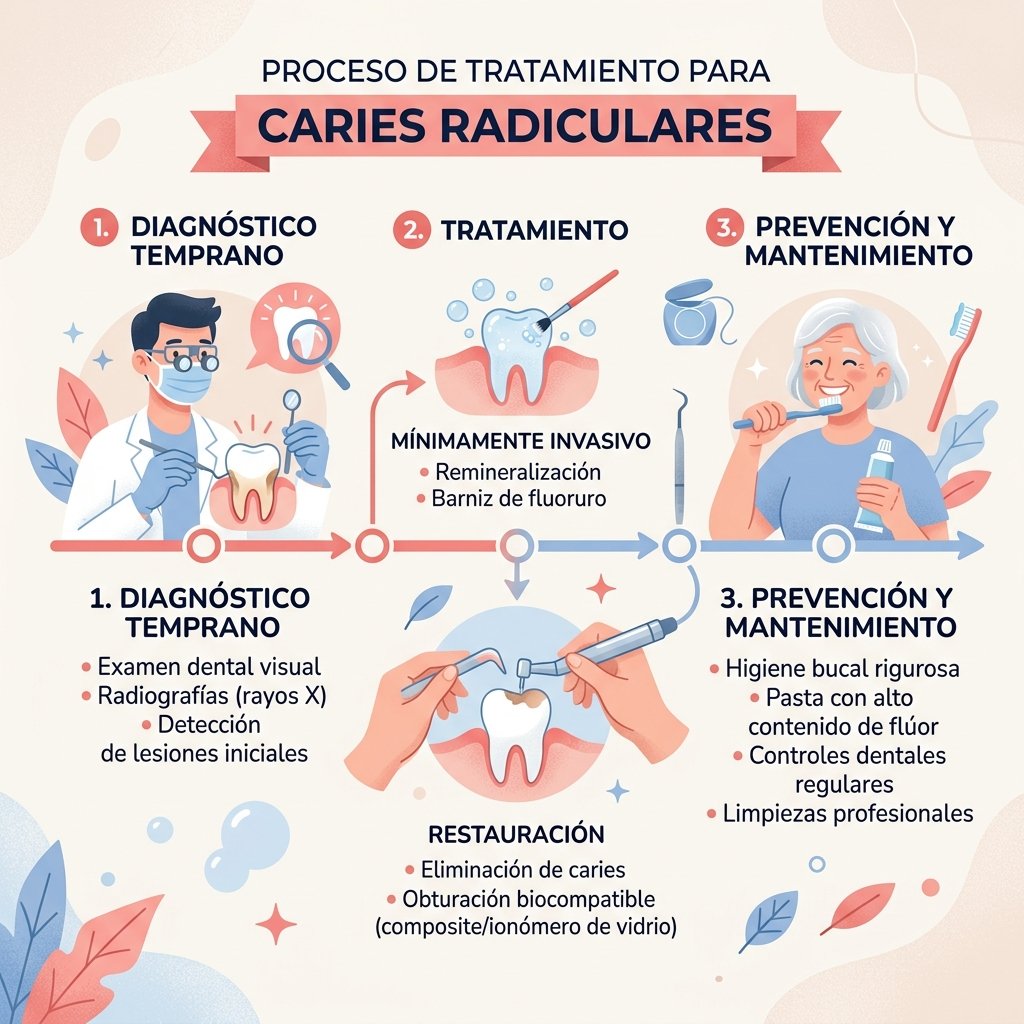Caries radicular: la amenaza silenciosa en mayores de 60 Proceso de detección y tratamiento de caries radicular con fases de diagnóstico, intervención y prevención.