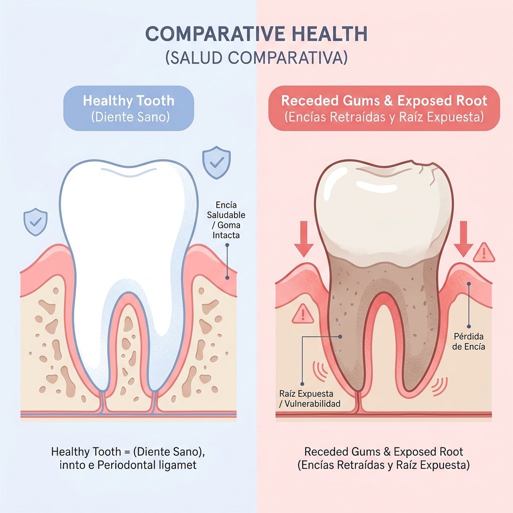 Caries radicular: la amenaza silenciosa en mayores de 60 Comparación entre un diente joven con encía sana y uno mayor con encía retraída que expone la raíz.