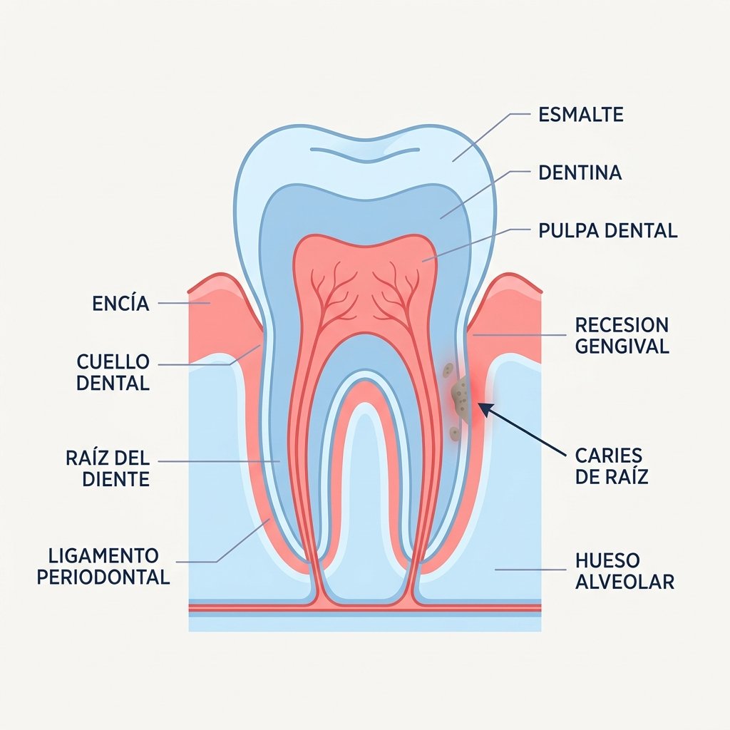 Caries radicular: la amenaza silenciosa en mayores de 60 Corte transversal de un diente con encía retraída mostrando caries radicular en la raíz expuesta.