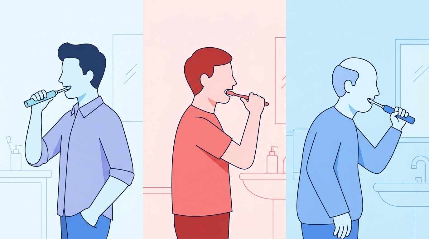Cepillo eléctrico vs manual: cuál protege mejor tu higiene bucodental Tres perfiles de usuarios con diferentes tipos de cepillos: eléctrico para usuarios con tecnología, manual para adultos con buena técnica.