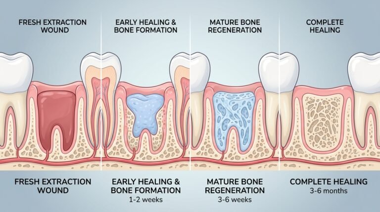 Fases de cicatrización ósea Fases de cicatrización ósea tras extracción dental: coágulo inicial en rojo, formación ósea temprana en azul y regeneración