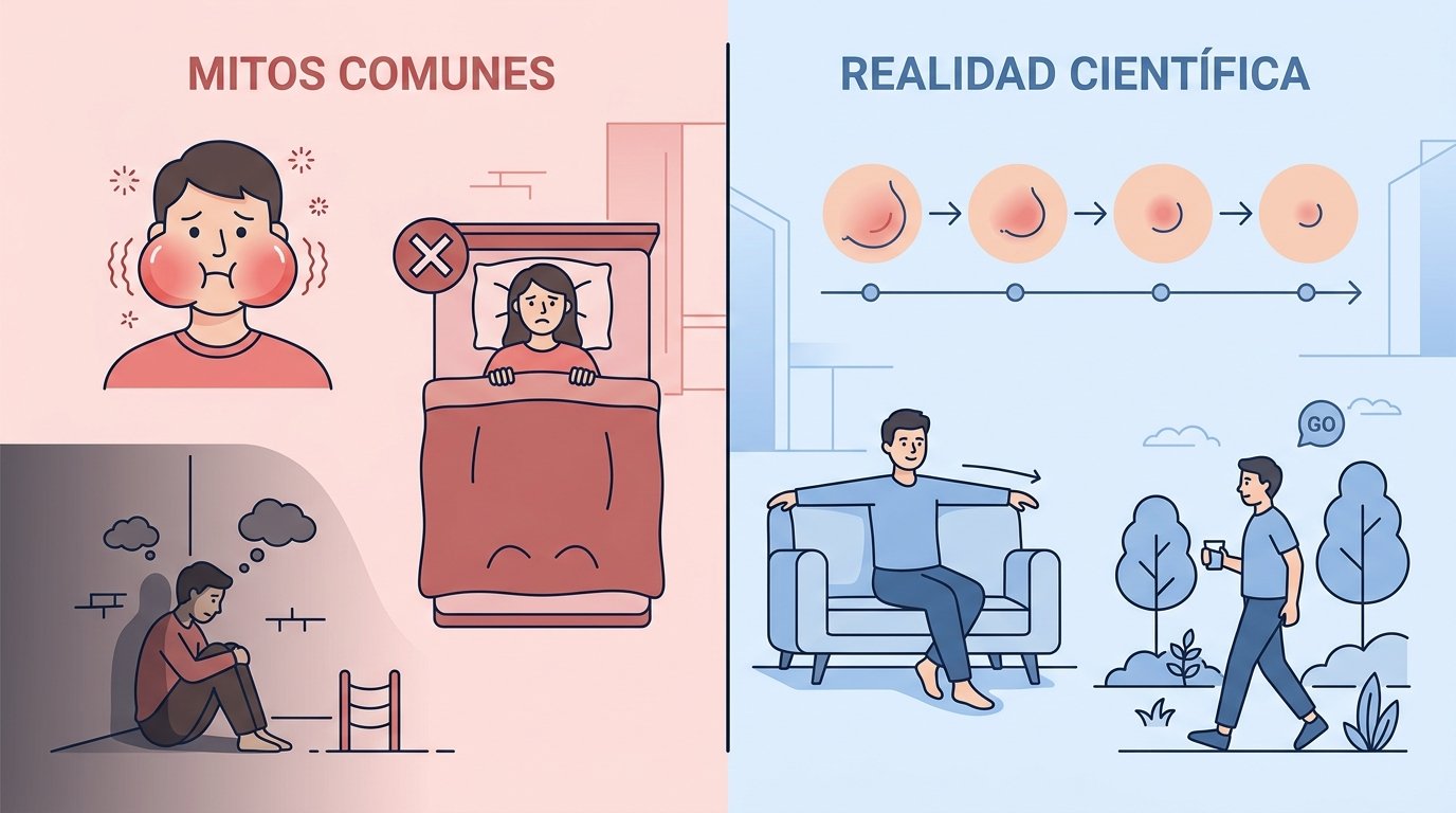 Cicatrización ósea tras una extracción: qué esperar día a día Mitos sobre recuperación post-extracción (lado rojo) versus realidad basada en evidencia (lado azul): manejo de inflamación,