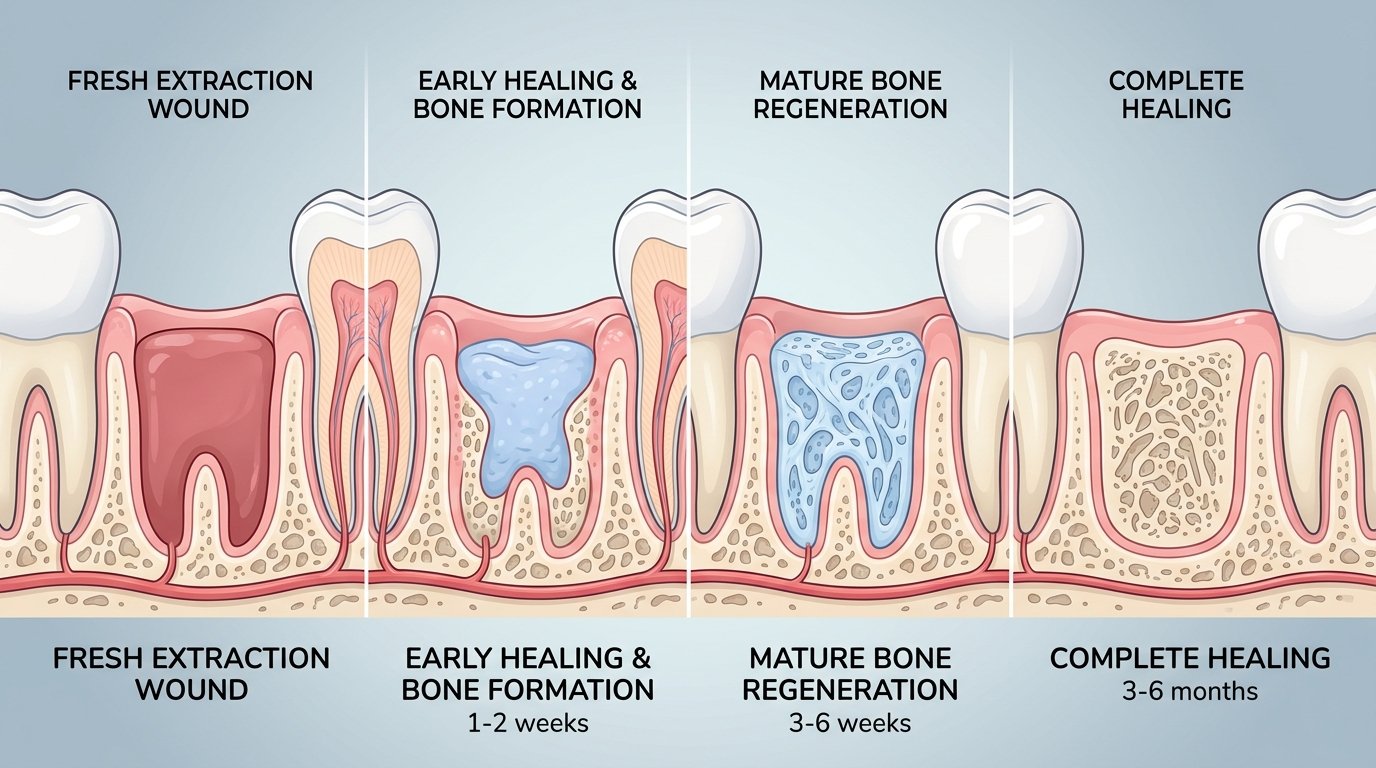 Cicatrización ósea tras una extracción: qué esperar día a día Fases de cicatrización ósea tras extracción dental: coágulo inicial en rojo, formación ósea temprana en azul y regeneración