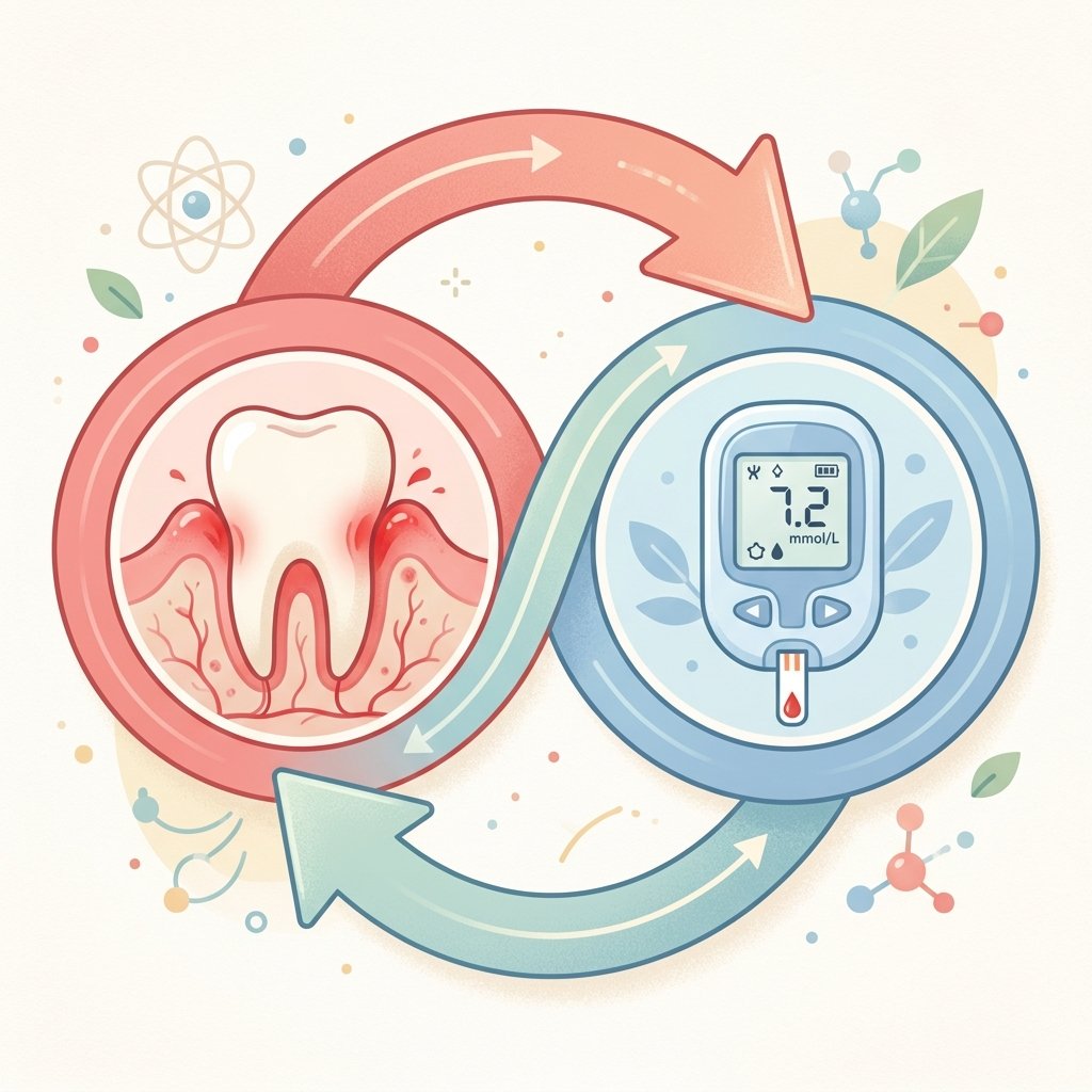 Diabetes tipo 2 y periodontitis: la conexión bidireccional que debes conocer Ciclo bidireccional entre inflamación dental y control glucémico representado con una muela y un glucómetro conectados por...