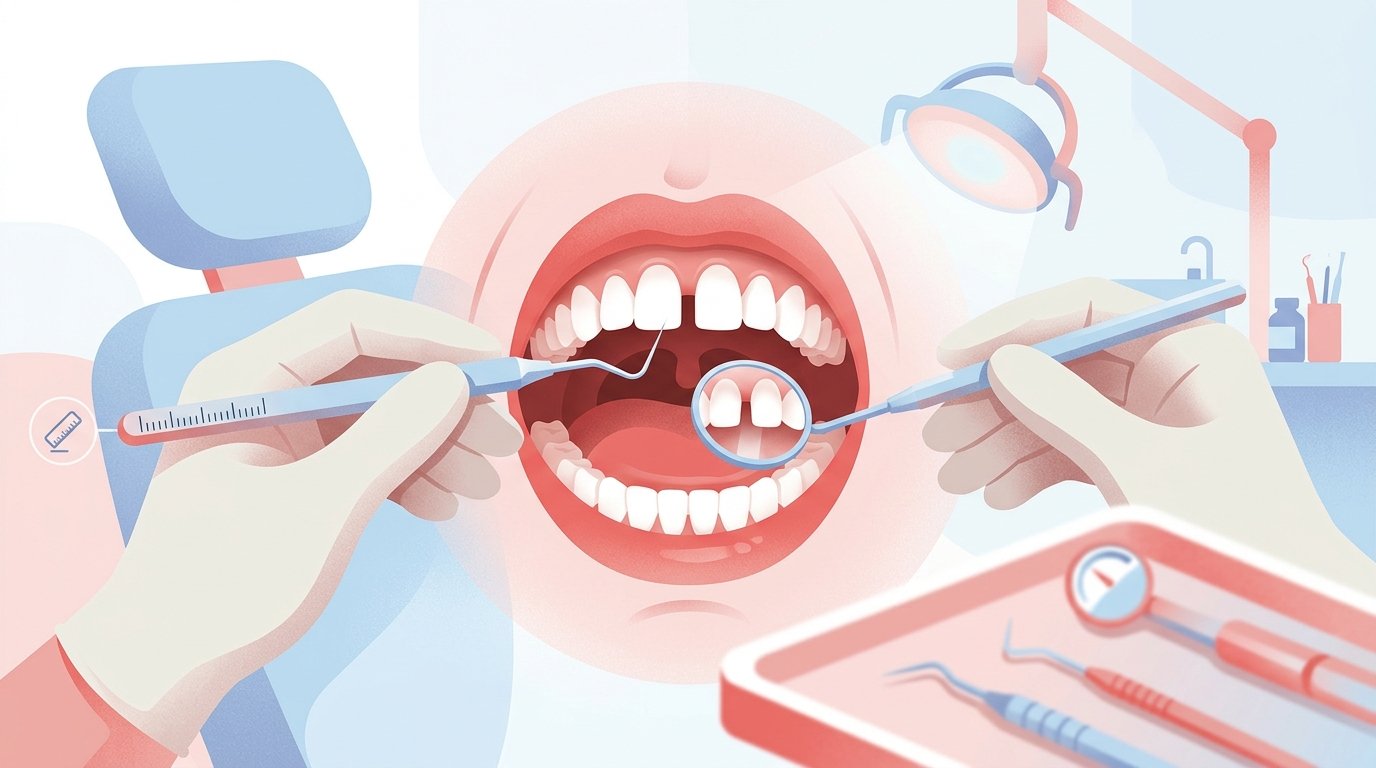 Manos de dentista examinando brecha dental entre incisivos con instrumentos de diagnóstico.