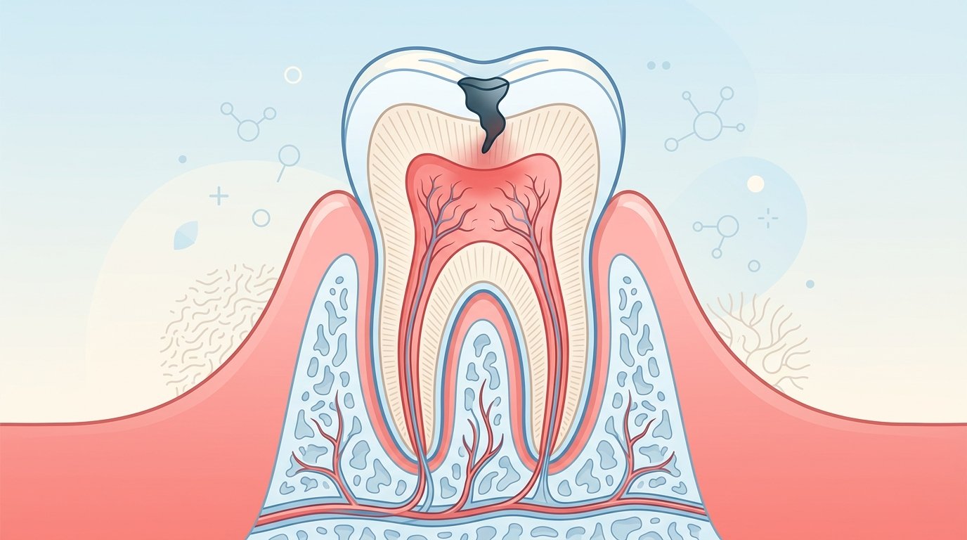 Root Canal: FAQs, Procedure, Cost and Myths Cross-section of a tooth showing inflamed pulp and root canals in pastel red and blue tones.