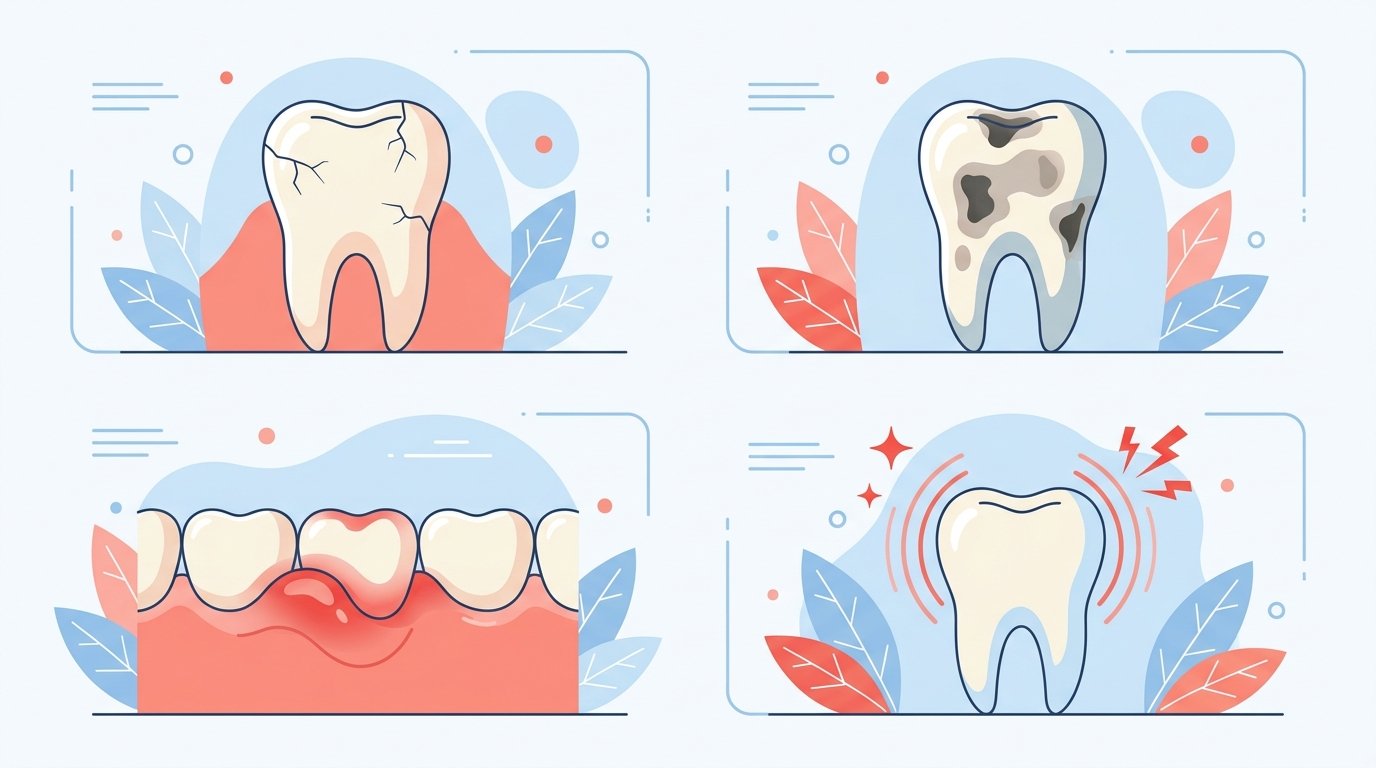 Root Canal: FAQs, Procedure, Cost and Myths Visual signs of pulpitis: dental crack, dark discolouration, inflamed gum and pain indicator.