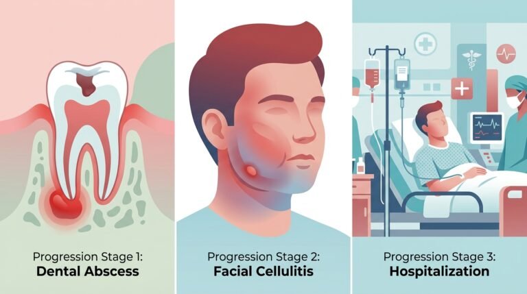 Evolución del flemón dental Progresión visual del flemón dental desde absceso localizado hasta inflamación facial difusa que requiere urgencia