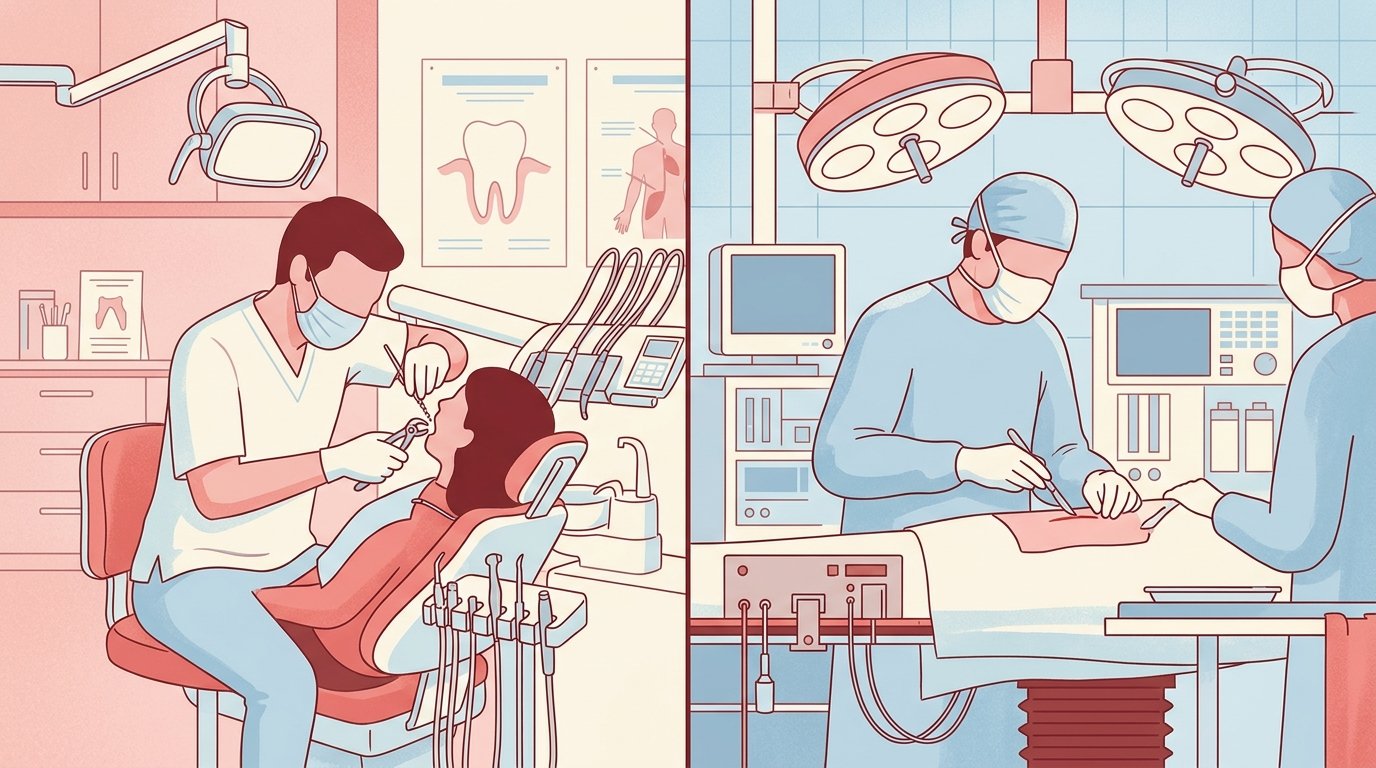 Comparación entre tratamiento dental en clínica y cirugía de drenaje en hospital para flemón dental avanzado.