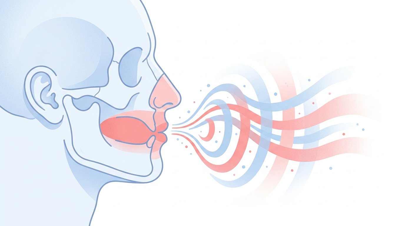Perfil de cabeza humana con ondas de aliento saliendo de la boca, ilustrando el concepto de halitosis.