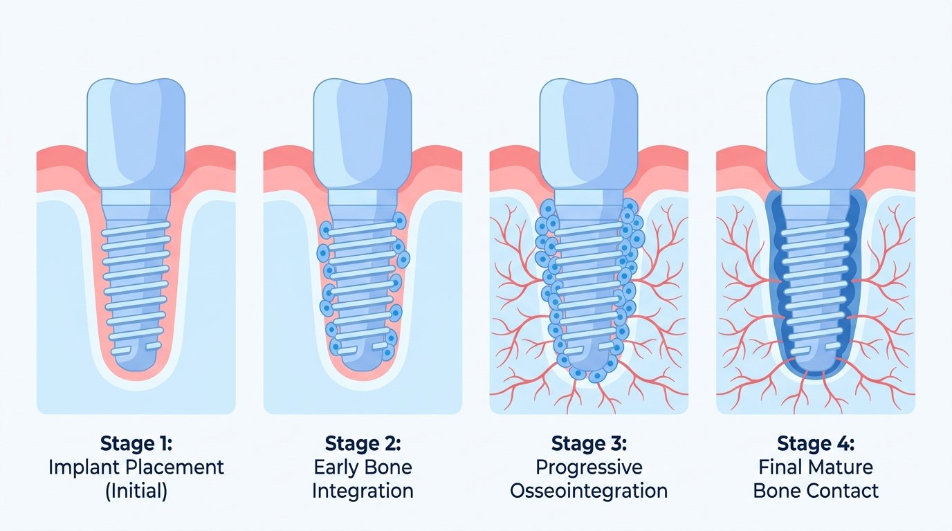 Short and narrow implants: when they are the best solution Osseointegration phases of a dental implant from placement to complete bone integration.