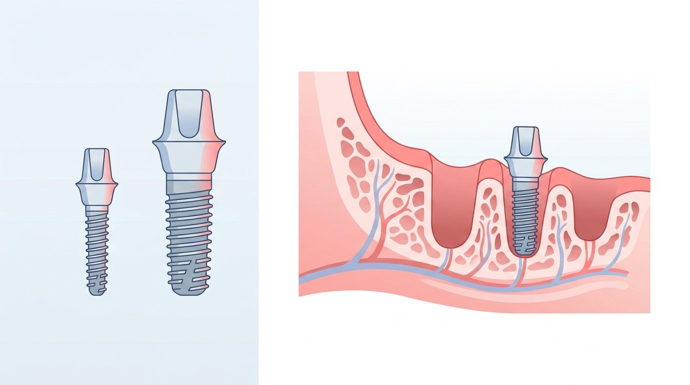 Short and narrow implants: when they are the best solution Visual comparison of short and narrow implants versus standard implants, with a bone cross-section showing bone atrophy.