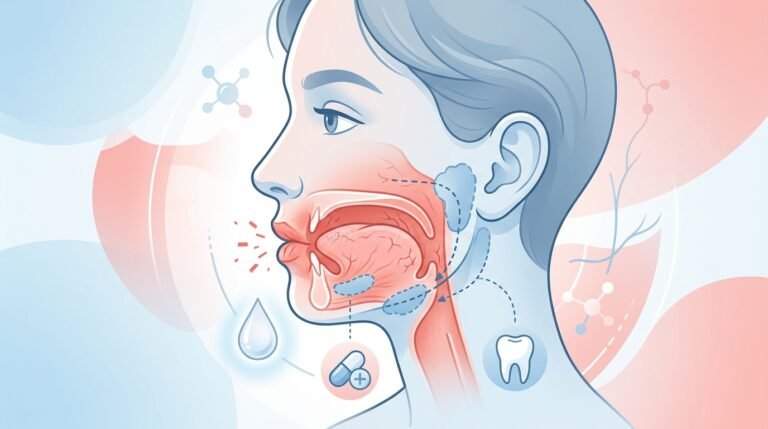 Medicamentos y xerostomía bucal Perfil de cabeza humana con área bucal destacada en tonos pastel rojo y azul, representando boca seca y efectos secundarios