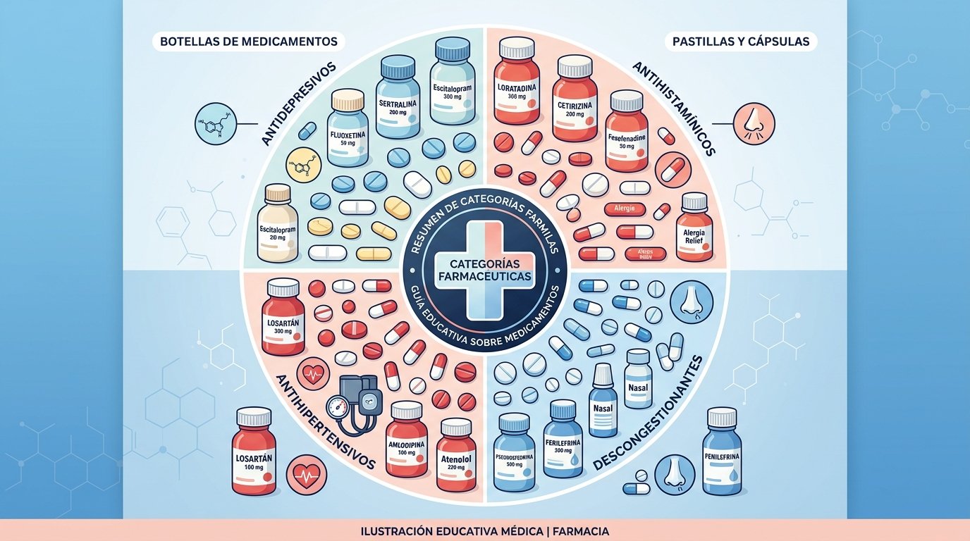 Variedad de fármacos y antihistamínicos en botellas y píldoras organizados en patrón circular con paleta pastel rojo y azul.