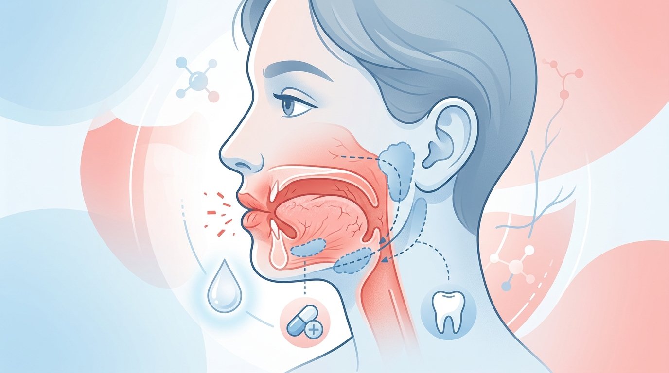 Perfil de cabeza humana con área bucal destacada en tonos pastel rojo y azul, representando boca seca y efectos secundarios