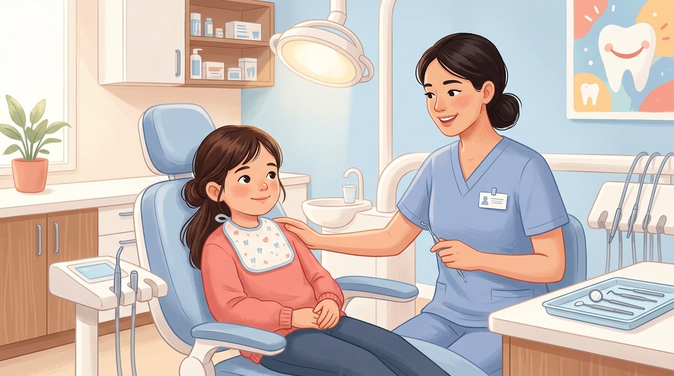 Odontofobia infantil: miedo al dentista en niños y cómo tratarlo Niño en silla dental con dentista sonriente en clínica moderna, iluminación cálida que transmite confianza y seguridad.