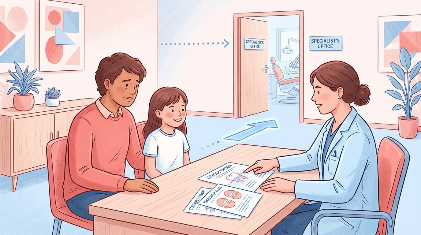 Odontofobia infantil: miedo al dentista en niños y cómo tratarlo Padre e hijo con dentista general evaluando la necesidad de derivación a especialista en odontofobia infantil.