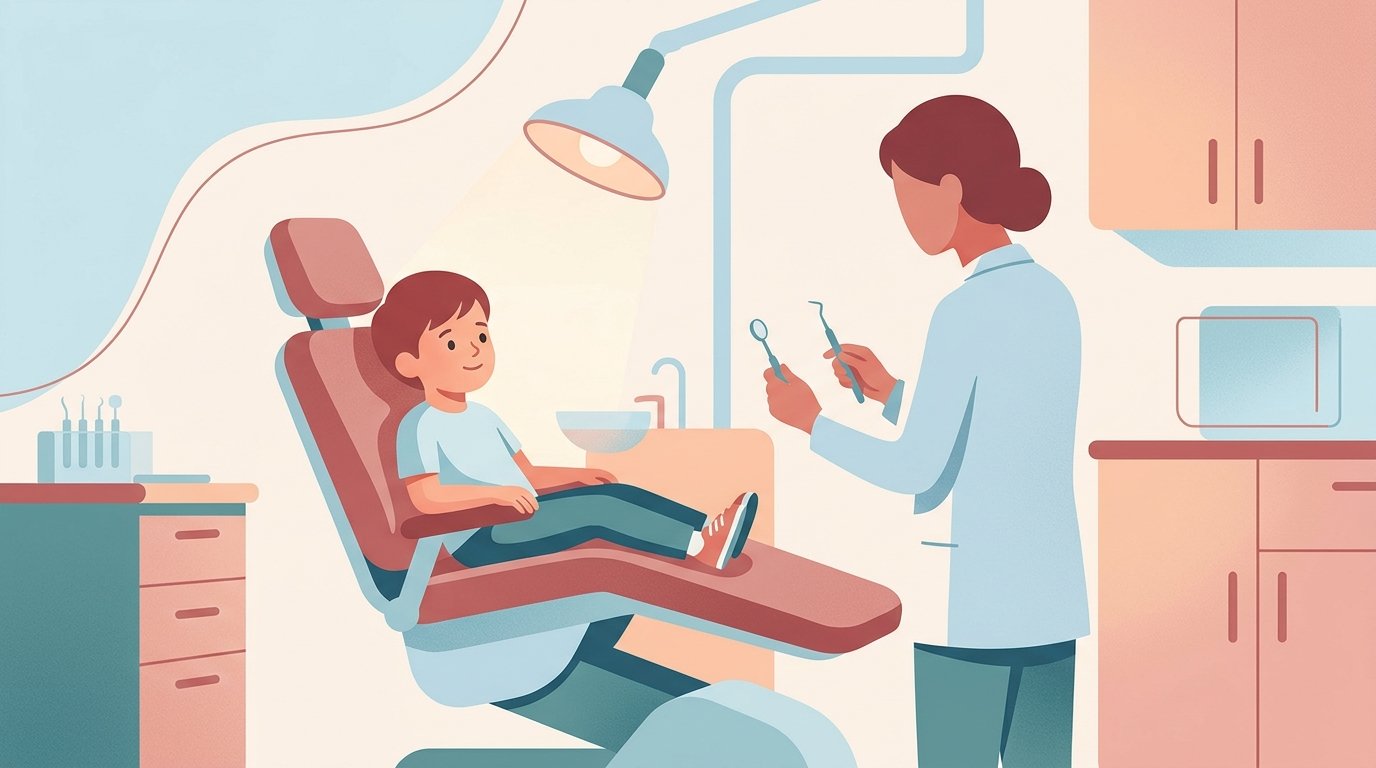 Niño en consultorio dental durante desensibilización, observando instrumentos con dentista presente en ambiente tranquilo