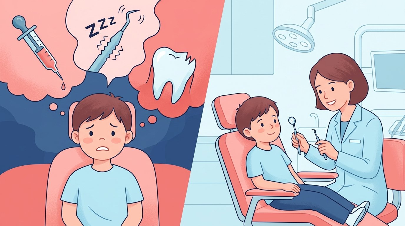 Odontofobia infantil: miedo al dentista en niños y cómo tratarlo Niño comparando miedos imaginados versus realidad del dentista, desmontando mitos sobre procedimientos dentales pediátricos.