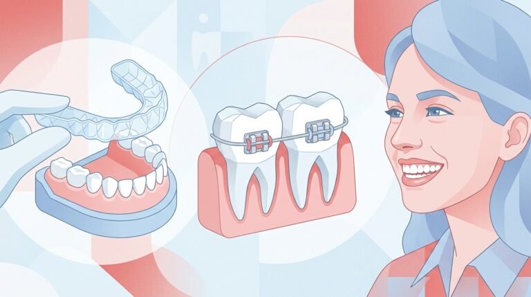Ilustración moderna de diferentes tipos de ortodoncia: alineadores invisibles, brackets metálicos y perfil de sonrisa