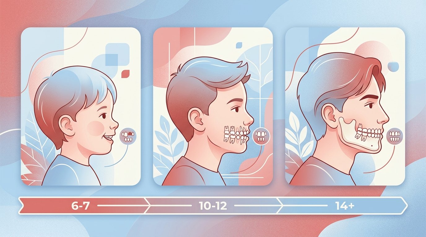 Age progression in dental development: child, pre-teenager and teenager with visual indicators of maturity