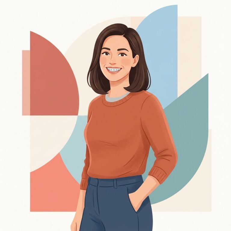 Mujer adulta sonriendo con confianza mostrando brackets de ortodoncia adulta en tonos pastel.