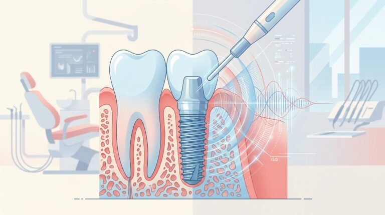 Implante dental con ondas de medición de frecuencia de resonancia en tonos rojo y azul pastel.