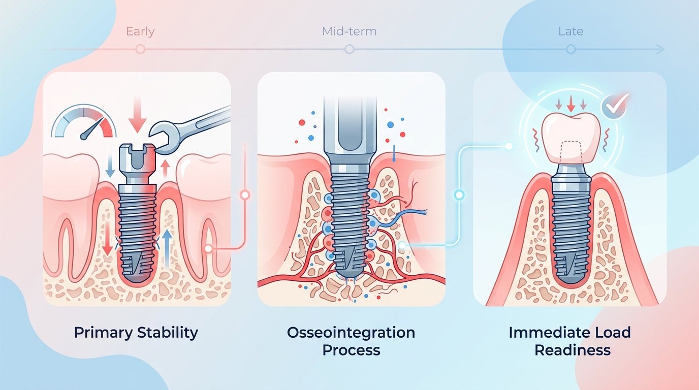 Three phases of implant integration: primary stability, progressive osseointegration and preparation for immediate loading.