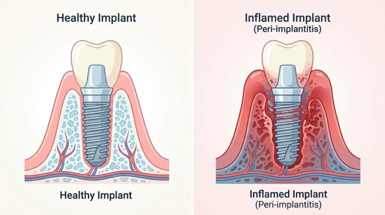 Implante dental con tejido inflamado comparado con implante sano, ilustración educativa en tonos pastel rojo y azul.