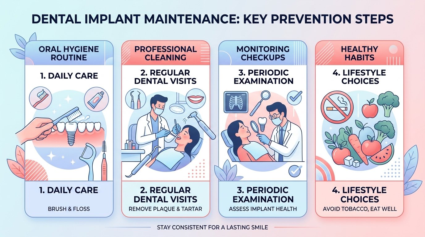 Peri-implantitis: what it is, why it appears and how to prevent it Peri-implantitis prevention steps: oral hygiene, professional cleanings, periodic check-ups and healthy habits.