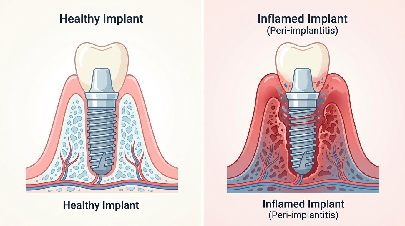 Peri-implantitis: what it is, why it appears and how to prevent it Dental implant with inflamed tissue compared to a healthy implant, educational illustration in pastel red and blue tones.