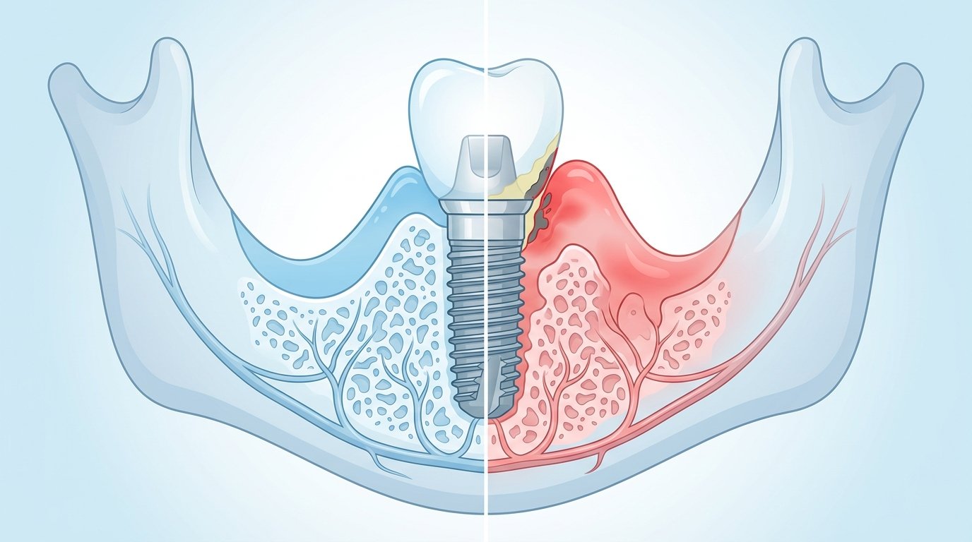 Periimplantitis: qué es, síntomas, tratamiento y prevención Corte transversal de implante dental con tejido inflamado en rojo y zona sana en azul, representando la periimplantitis