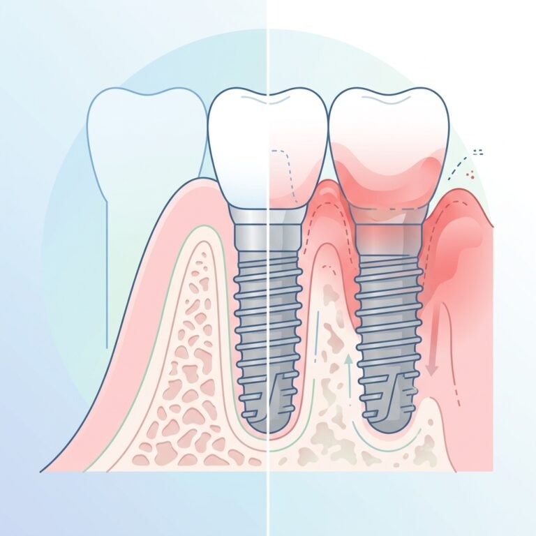 Ilustración educativa de un implante dental con inflamación y pérdida ósea progresiva en tonos rojo y azul pastel.