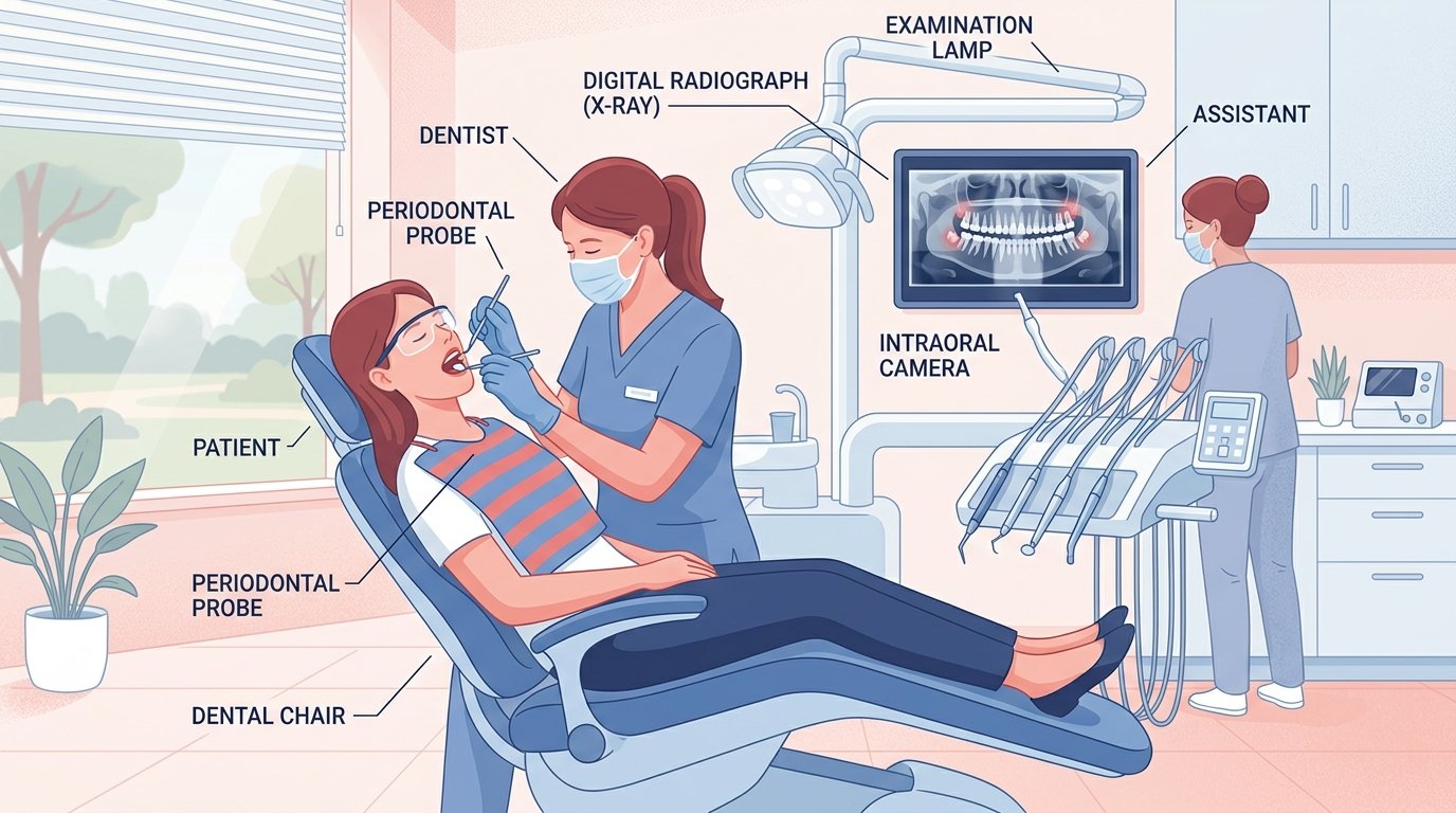 Periimplantitis: qué es, síntomas, tratamiento y prevención Paciente en sillón dental siendo examinado con sonda y radiografía para diagnóstico de periimplantitis
