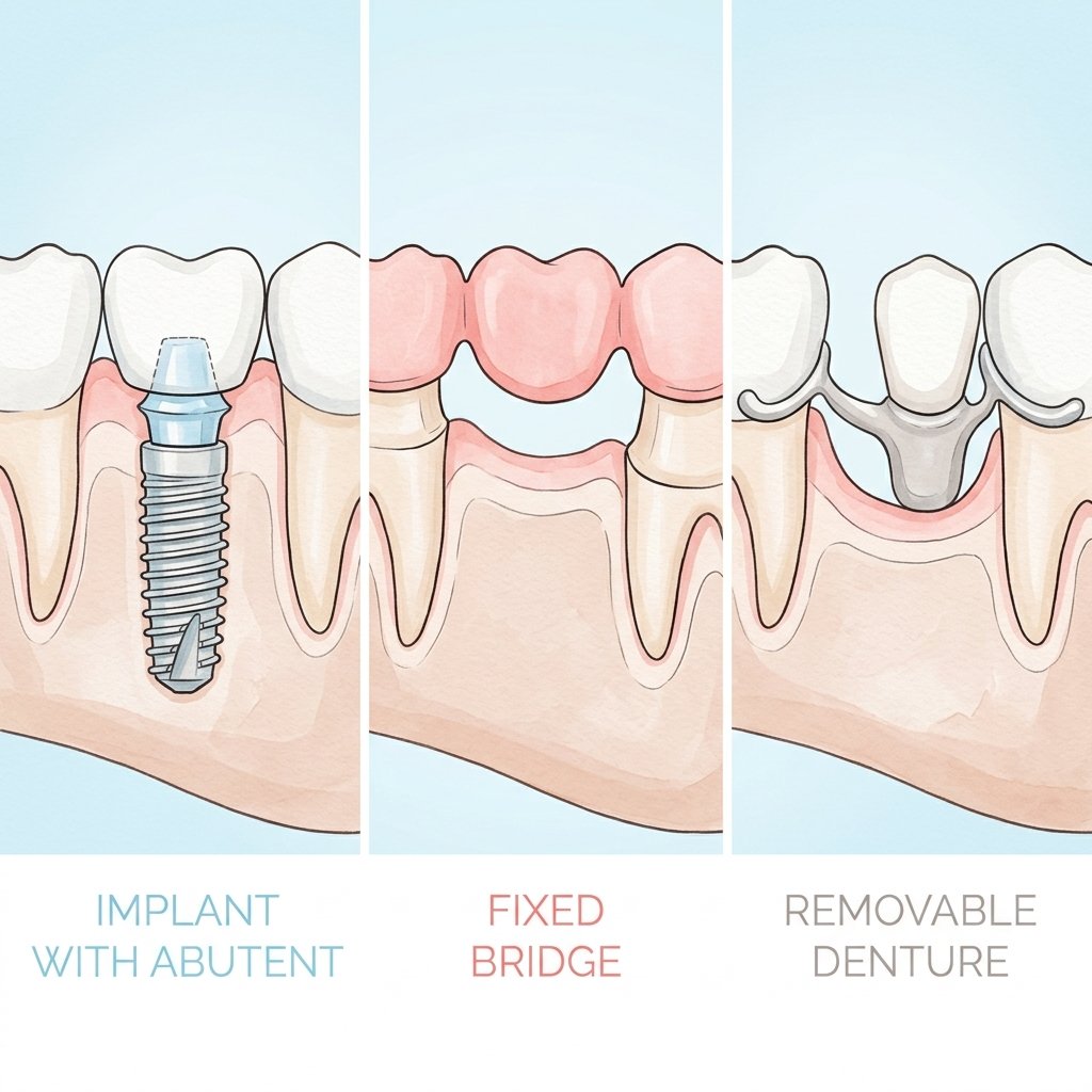 Tres opciones de restauración dental: implante, puente fijo y prótesis removible en vista de corte.